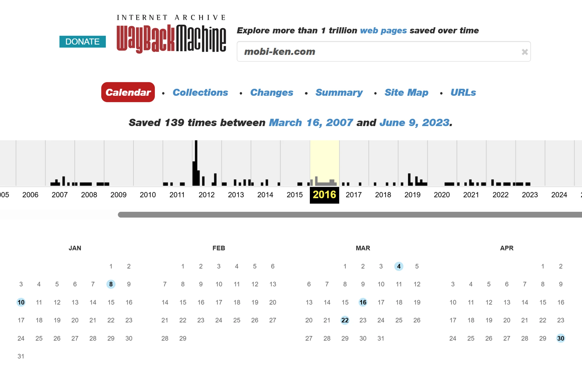 mobi-ken.comのWayback Machine保存履歴(2007.3.16〜2023.6.9・139回)