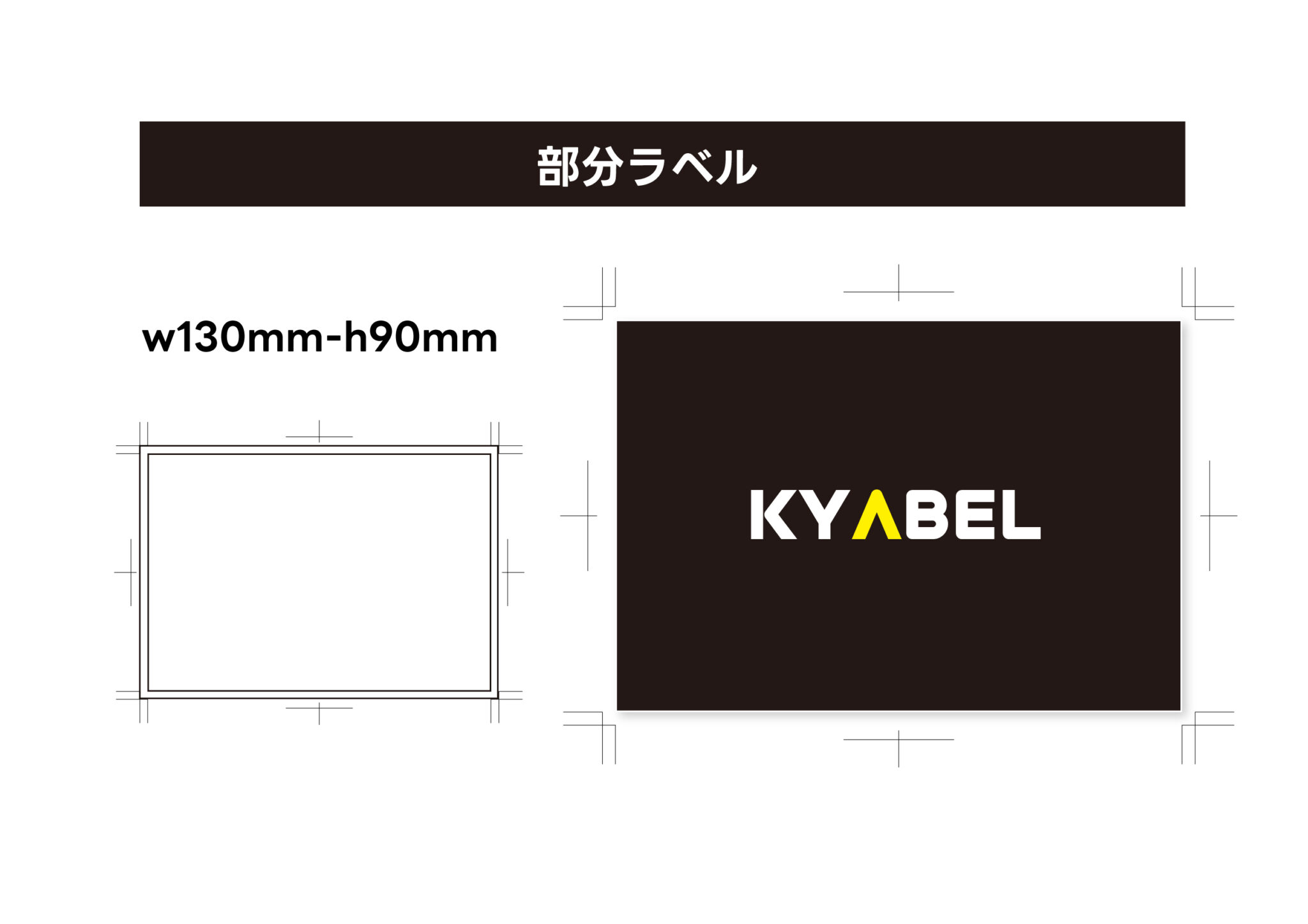 部分ラベルのテンプレート図（W130mm × H90mm・トンボ付きとデザイン例）